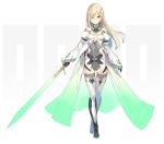  1girl bangs black_gloves blonde_hair boots breasts cape choker cleavage cleavage_cutout detached_sleeves floating_hair full_body gloves green_cape green_eyes grey_leotard hairband highres holding holding_sword holding_weapon isegawa_yasutaka leotard long_hair long_sleeves looking_at_viewer office_lady original small_breasts smile standing swept_bangs sword thigh-highs thigh_boots very_long_hair waist_cape weapon white_background white_footwear white_hairband white_sleeves 