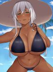  1girl bikini black_bikini blue_nails breasts collarbone dark-skinned_female dark_skin green_eyes hai_ookami hat huge_breasts navel original short_hair short_hair_with_long_locks sidelocks solo sun_hat swimsuit white_hair white_headwear 