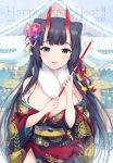  1girl 2019 arrow bangs bare_shoulders black_hair blush breasts cleavage day ema fangs floral_print flower fur_collar green_eyes hair_flower hair_ornament hamaya happy_new_year japanese_clothes kimono large_breasts long_hair long_sleeves looking_at_viewer miyano_ururu new_year obi off_shoulder oni oni_horns open_mouth original outdoors parted_lips sash shrine smile solo translated 