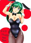  1girl 2019 absurdres animal_ears black_leotard black_neckwear blue_eyes bow bowtie breasts brown_legwear bunny_girl bunnysuit circle commentary_request cowboy_shot detached_collar fishnet_pantyhose fishnets green_hair happy_new_year highres large_breasts leotard long_hair looking_at_viewer lum nanao_futaba new_year oni_horns open_mouth pantyhose pointy_ears rabbit_ears solo strapless strapless_leotard thigh_gap urusei_yatsura white_background wrist_cuffs 