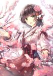  1girl :d backlighting breasts brown_hair commentary_request flower frilled_kimono frills green_eyes hair_flower hair_ornament hakama hand_up head_tilt highres japanese_clothes kimono lace-trimmed_sleeves lace_trim long_sleeves looking_at_viewer missile228 new_year open_mouth original pink_flower red_hakama short_kimono simple_background small_breasts smile solo tree_branch white_background white_kimono wide_sleeves 