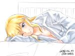 1girl beiske_(de_skb3) blonde_hair blue_eyes breasts collarbone commentary_request dated dress_shirt highres idolmaster idolmaster_cinderella_girls long_hair looking_at_viewer lying medium_breasts no_bra on_bed on_side one_eye_closed ootsuki_yui pocket shirt sketch solo twitter_username upper_body white_shirt 