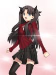  :d berrykanry black_bow black_hair black_legwear black_skirt blue_eyes bow eyebrows_visible_through_hair fate/stay_night fate_(series) hair_bow highres long_hair long_sleeves looking_at_viewer miniskirt multiple_girls open_mouth pleated_skirt red_shirt shirt skirt smile solo standing thigh-highs tohsaka_rin twintails very_long_hair zettai_ryouiki 