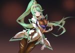  1girl armor bangs bodystocking breasts chinese_commentary cleavage closed_mouth commentary commentary_request earrings eyebrows_visible_through_hair faulds gauntlets green_eyes green_hair headband high_ponytail jewelry large_breasts long_hair looking_at_viewer nintendo pantyhose partial_commentary pneuma_(xenoblade) ponytail see-through sidelocks simple_background smile solo spoilers standing very_long_hair xenoblade_(series) xenoblade_2 yostxxx 
