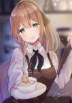  1girl apron bangs blurry blurry_background blush breasts brown_hair coffee cup eyebrows_visible_through_hair girls_frontline green_eyes hair_between_eyes hair_ribbon head_tilt highres holding holding_saucer holding_tray kodama_(koda_mat) large_breasts long_hair looking_at_viewer m1903_springfield_(girls_frontline) ponytail restaurant ribbon shirt sidelocks signature smile solo tray 