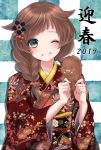  1girl 2019 animal bangs blue_eyes blush boar braided_ponytail brown_hair checkered checkered_background floral_print grin hair_ornament head_tilt highres holding holding_animal japanese_clothes kimono long_hair long_sleeves looking_at_viewer nengajou new_year obi one_eye_closed original print_kimono red_kimono sash smile swept_bangs two-tone_background upper_body yuuki_mero 