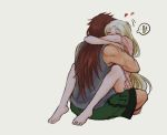  1boy 1girl barefoot brown_hair charging closed_eyes commentary couple english_commentary full_body green_hair green_shorts grey_background grey_shirt heart highres hug long_hair original pink_pajamas reef shirt shorts simple_background spoken_battery very_long_hair 