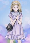  1girl bag bangs blonde_hair blurry blurry_background blush braid closed_mouth dress frilled_dress frills green_eyes handbag hands_together highres looking_at_viewer medium_hair mizutamako original purple_dress short_sleeves solo standing 