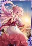  1girl :d akkijin armpits back bare_shoulders breasts card_(medium) clouds dress flower flying hair_flower hair_ornament holding holding_flower japanese_clothes long_hair looking_at_viewer lotus medium_breasts mountain official_art open_mouth pink_dress pink_hair shinkai_no_valkyrie sky smile sun sunrise violet_eyes 