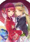  2girls bangs blonde_hair blush breast_press breasts dress earrings gloves mythra_(xenoblade) hinot pyra_(xenoblade) japanese_clothes jewelry kimono large_breasts long_hair looking_at_viewer multiple_girls new_year nintendo one_eye_closed red_eyes redhead short_hair simple_background smile tiara tied_hair umbrella xenoblade_(series) xenoblade_2 yellow_eyes 