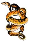  1girl arms_at_sides blank_stare commentary english_commentary expressionless facing_viewer food fruit greyscale heikala highres inktober monochrome nude orange original python short_hair simple_background snake standing white_background white_skin 