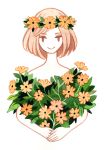  1girl bangs bare_shoulders black-eyed_susan black_flower closed_mouth commentary english_commentary flower hair_flower hair_ornament hands_together head_wreath heikala holding holding_flower looking_at_viewer orange_flower original pale_skin short_hair smile solo swept_bangs traditional_media watercolor_(medium) 