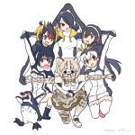  6+girls :d animal_ear_fluff animal_ears bird black_eyes black_hair blonde_hair bow bowtie cat_ears commentary_request dated elbow_gloves emperor_penguin_(kemono_friends) fang food gentoo_penguin_(kemono_friends) gloves grape-kun hair_over_one_eye hand_holding headphones hood hood_down hooded_jacket humboldt_penguin humboldt_penguin_(kemono_friends) jacket japari_bun kemono_friends korean_commentary long_hair looking_at_viewer margay_(kemono_friends) margay_print mouth_hold multicolored_hair multiple_girls one_knee open_mouth outstretched_arms penguin photo-referenced pink_eyes pose print_gloves print_legwear print_neckwear print_skirt red_eyes rockhopper_penguin_(kemono_friends) roonhee royal_penguin_(kemono_friends) shirt short_hair simple_background skirt sleeveless sleeveless_shirt smile spread_arms thigh-highs white_background white_hair white_legwear yellow_eyes 