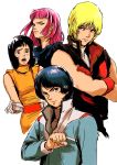  2boys 2girls black_hair blonde_hair char_aznable fa_yuiry gundam haman_karn highres kamille_bidan multiple_boys multiple_girls pink_hair quattro_vageena short_hair teikoku teikoku_jokyoku uniform zeta_gundam 