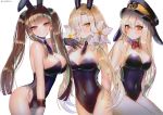  3girls animal_ears bangs bare_shoulders black_leotard black_neckwear blonde_hair blue_neckwear blunt_bangs blush bow bowtie breasts brown_hair bunny_tail bunnysuit cleavage closed_mouth collarbone confetti covered_navel detached_collar dsr-50_(girls_frontline) expressionless eyebrows_visible_through_hair fake_animal_ears flower girls_frontline hair_between_eyes hair_flower hair_ornament hair_ribbon hanato_(seonoaiko) hat iron_cross kar98k_(girls_frontline) large_breasts leotard long_hair looking_at_viewer medium_breasts mole mole_under_eye multiple_girls necktie orange_eyes pantyhose rabbit_ears red_eyes red_neckwear ribbon side-tie_leotard sidelocks silver_hair simple_background smile steyr_aug_(girls_frontline) tail twintails very_long_hair white_background white_legwear wrist_cuffs yellow_eyes 