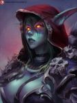 1girl breasts choker cleavage commentary_request cutesexyrobutts elf fantasy glowing glowing_eyes green_hair highres hood lipstick makeup medium_breasts pointy_ears red_eyes serious skull solo strap sylvanas_windrunner upper_body warcraft world_of_warcraft,