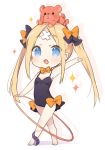  1girl abigail_williams_(fate/grand_order) bandage bangs blonde_hair blue_eyes blush bow breasts chibi drop_shadow eyebrows_visible_through_hair fate/grand_order fate_(series) hair_bow holding hoop leotard long_hair looking_at_viewer object_on_head on_head open_mouth orange_bow purple_bow simple_background sino_(sionori) smile solo sparkle standing stuffed_animal stuffed_toy teddy_bear tentacle very_long_hair white_background 
