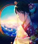  1girl achiki bangs black_hair blue_sky blush brown_eyes closed_mouth clouds commentary_request eyebrows_visible_through_hair floral_print japanese_clothes kimono looking_at_viewer obi original plane_interior print_kimono red_kimono round_window sash sidelocks sky smile solo sunset upper_body window 