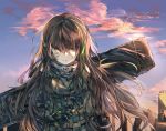  1girl artist_request backpack bag bandanna blonde_hair blue_sky brown_eyes brown_hair cityscape clouds cloudy_sky commentary controller dawn dirty_face eyebrows_visible_through_hair girls_frontline gloves green_hair hair_flowing_over long_hair m4a1_(girls_frontline) mod3_(girls_frontline) remote_control skull_print sky solo white_hair 