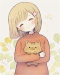  1girl 2019 =_= animal ayu_(mog) black_border blonde_hair blush board bob_cut border chinese_zodiac closed_mouth flower grey_background hair_flower hair_ornament head_tilt holding holding_animal long_sleeves looking_at_viewer notice_lines original pig pink_flower red_sweater short_hair smile solo sweater upper_body year_of_the_pig 