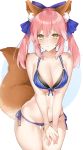  1girl absurdres animal_ear_fluff animal_ears blue_bra blue_panties blue_ribbon blush bra bracelet breasts fate/extra fate_(series) fox_ears fox_tail front-tie_bra hair_ribbon highres jewelry large_breasts navel panties pink_hair ribbon side-tie_panties sidelocks sino_(sionori) solo sweat tail tamamo_(fate)_(all) tamamo_no_mae_(fate) twintails underwear underwear_only yellow_eyes 
