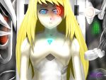 android blonde_hair blue_eyes building dark_room highres light long_hair machine robot self_upload wire 