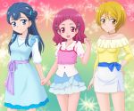  3girls :d ahoge blonde_hair blouse blue_dress blue_eyes blue_hair blue_skirt breasts camisole casual clenched_hands closed_mouth collared_blouse commentary_request cowboy_shot dress hair_bobbles hair_ornament hairclip hand_on_hip hugtto!_precure jewelry kagayaki_homare layered_clothing layered_skirt light_blush long_hair long_sleeves looking_at_viewer medium_breasts medium_dress medium_hair miniskirt miracle! multicolored multicolored_background multiple_girls necklace nono_hana off-shoulder_shirt off_shoulder open_mouth pencil_skirt pink_eyes pink_hair pink_shirt precure puffy_short_sleeves puffy_sleeves sash shirt short_hair short_sleeves side_bun skirt smile sparkle standing underwear white_blouse white_skirt x_hair_ornament yakushiji_saaya yellow_eyes yellow_shirt 
