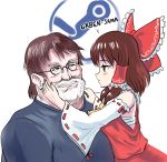  1boy 1girl ascot bare_shoulders beard blush bow brown_hair detached_sleeves english_text eyebrows_visible_through_hair facial_hair fat gabe_newell glasses hair_bow hair_tubes hakurei_reimu hands_on_another&#039;s_face japanese_clothes long_hair looking_at_another medium_hair miko nontraditional_miko obese older profitshame red_shirt ribbon-trimmed_sleeves ribbon_trim sarashi shirt steam_(platform) touhou what white_hair yellow_neckwear 