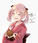  1girl 2019 boar character_name closed_eyes dated hair_bobbles hair_ornament japanese_clothes kantai_collection kimono open_mouth pink_hair pink_kimono print_kimono rabbit sazanami_(kantai_collection) short_hair smile solo twintails twitter_username u_yuz_xx white_background 
