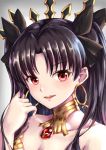  1girl :d black_bow black_hair bow breasts choker cleavage diadem earrings fate/grand_order fate_(series) flower grey_background hair_bow ishtar_(fate/grand_order) jewelry kelinch1 long_hair looking_at_viewer medium_breasts open_mouth portrait red_eyes rose shiny shiny_hair smile solo twintails 