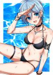  1girl :d anastasia_(idolmaster) arm_strap bikini black_bikini blue_eyes blue_hat bracelet breasts cleavage collar collarbone hair_between_eyes hat idolmaster idolmaster_cinderella_girls jewelry looking_at_viewer medium_breasts navel open_mouth shiny shiny_hair shiny_skin short_hair sitting smile solo swimsuit thigh_strap wet yodare_(3yami8) 