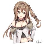  1girl :d absurdres arm_at_side bangs bare_shoulders black_eyes black_shirt blush breasts brown_hair center_opening chrisandita cleavage collarbone crop_top cropped_torso detached_collar floating_hair girls_frontline hair_ornament hairclip hand_on_hip head_tilt highres k-2_(girls_frontline) long_hair medium_breasts navel off_shoulder one_side_up open_mouth shirt sidelocks signature simple_background smile solo stomach white_background white_coat 