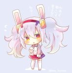  1girl :o animal_ears azur_lane bangs bare_shoulders blush camisole chibi commentary_request eyebrows_visible_through_hair flying_sweatdrops full_body grey_footwear hair_between_eyes hair_ornament hairband jacket kouu_hiyoyo laffey_(azur_lane) long_hair long_sleeves looking_at_viewer off_shoulder open_clothes open_jacket parted_lips pink_jacket pleated_skirt purple_background rabbit_ears red_eyes red_hairband red_skirt silver_hair skirt sleeves_past_fingers sleeves_past_wrists solo standing thigh-highs translation_request twintails twitter_username very_long_hair white_camisole white_legwear 