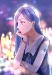  1girl arm_support artist_request blurry blurry_background bracelet dated earrings hand_on_own_cheek hexagram highres jewelry long_hair nail_polish necklace original purple_hair signature solo star_of_david very_long_hair violet_eyes 