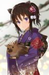  1girl animal animal_ears bangs blurry blurry_background blush brown_hair carrying chinese_zodiac closed_mouth commentary_request dargo depth_of_field eyebrows_visible_through_hair floral_print flower furisode hair_flower hair_ornament head_tilt japanese_clothes kimono light_particles long_hair looking_at_viewer original petting pig pom_pom_(clothes) ponytail print_kimono purple_flower purple_kimono red_flower sidelocks smile solo standing tree_branch upper_body violet_eyes year_of_the_pig 