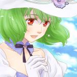  1girl gloves green_hair hands_up haruka_(maake) hat looking_down macross macross_frontier music open_mouth own_hands_together ranka_lee red_eyes short_hair singing smile solo white_gloves wind wind_lift 