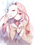  1girl alternate_costume bangs blush brown_coat closed_mouth coat eyebrows_visible_through_hair fox_mask fur-trimmed_coat fur_trim hair_between_eyes hand_up hata_no_kokoro highres ke-ta long_hair long_sleeves looking_at_viewer mask pink_eyes pink_hair pink_sweater snow solo sweater touhou turtleneck turtleneck_sweater upper_body white_background 