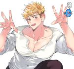  1boy alfi_(tok) blonde_hair brown_pants granblue_fantasy grey_eyes korean looking_at_viewer male_focus one_knee open_mouth pants pectorals shirt simple_background smile solo translation_request vane_(granblue_fantasy) white_background white_shirt 