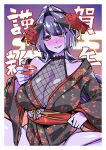  1girl absurdres akeome arunira black_kimono black_sclera blush breasts brll cleavage commentary_request cup demon_girl demon_horns eyebrows_visible_through_hair floral_print hand_up happy_new_year head_tilt highres holding horns huge_breasts japanese_clothes kimono long_sleeves looking_at_viewer new_year obi original pointy_ears purple_hair purple_skin red_eyes sash sitting slit_pupils smile solo spread_legs translated wide_sleeves 