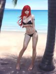  1girl arm_tattoo arm_under_breasts bikini black_bikini breasts cleavage closed_mouth commentary contrapposto dappled_sunlight day english_commentary erza_scarlet fairy_tail full_body gohpot hair_over_one_eye hand_on_thigh large_breasts long_hair looking_at_viewer navel ocean palm_tree realistic redhead sand shadow short_hair side-tie_bikini solo stomach strap_slip sunlight swimsuit tattoo tree water 