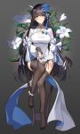  1girl absurdres alternate_costume ankle_ribbon bangs black_hair black_legwear blue_flower blush breasts bridal_gauntlets china_dress chinese_clothes cleavage closed_mouth dress eyebrows_visible_through_hair fan flower full_body garter_straps girls_frontline gloves hair_flower hair_ornament hairband highres holding holding_fan jacket large_breasts long_hair long_sleeves looking_at_viewer no_shoes orn paper_fan qbz-95_(girls_frontline) ribbon shrug_(clothing) sidelocks sitting smile solo thigh-highs uchiwa very_long_hair white_dress white_flower white_gloves white_hairband white_jacket white_ribbon white_sleeves yellow_eyes 