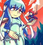  1boy 1girl blue_cape blue_dress blue_eyes blue_hair cape closed_mouth clouds commentary detached_sleeves dress eliwood_(fire_emblem) english_commentary eyebrows_visible_through_hair fingernails fire_emblem fire_emblem:_rekka_no_ken fire_emblem_heroes flying_sweatdrops forest giantess hair_ornament hand_on_hip holding holding_sword holding_weapon long_hair looking_at_another nature ninian nintendo pose rapier red_eyes redhead setz smile sword weapon 
