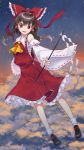  1girl :d above_clouds ascot bangs bare_shoulders black_footwear black_hair blush bow commentary_request detached_sleeves floating frilled_bow frilled_shirt_collar frills full_body gohei hair_bow hair_tubes hakurei_reimu highres holding long_sleeves looking_at_viewer monrooru night night_sky open_mouth petticoat red_bow red_eyes red_skirt ribbon-trimmed_sleeves ribbon_trim sarashi shide shoes short_hair short_hair_with_long_locks sidelocks skirt skirt_set sky smile socks solo star_(sky) starry_sky touhou white_legwear wide_sleeves yellow_neckwear 