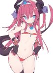  1girl bangs bikini black_legwear blade_(galaxist) blue_eyes blush breasts choker closed_mouth curled_horns dragon_horns dragon_tail elizabeth_bathory_(brave)_(fate) elizabeth_bathory_(fate)_(all) eyebrows_visible_through_hair fate/grand_order fate_(series) hair_between_eyes hair_ribbon head_tilt horns long_hair looking_at_viewer navel pink_hair pointy_ears purple_ribbon red_bikini red_choker ribbon silver_trim simple_background small_breasts solo swimsuit tail tail_raised thigh-highs tiara two_side_up vambraces very_long_hair white_background 