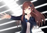  1girl black_jacket blurry blurry_background brown_hair caopy123 cocoa_music doumyouji_cocoa dress_shirt floating_hair hair_ornament hairclip holding holding_microphone jacket long_hair microphone music open_clothes open_jacket open_mouth outstretched_arm shirt singing solo upper_body very_long_hair violet_eyes virtual_youtuber white_shirt 