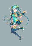  1girl ;d absurdres blue_eyes blue_gloves blue_hair blue_legwear blue_skirt blush braid flower full_body gloves grey_background hair_flower hair_ornament hatsune_miku hatsune_speed:_hatsune_miku_roller_skating_music highres hiroshi_taeru_qwq holding long_hair looking_at_viewer miniskirt one_eye_closed open_mouth pleated_skirt roller_skates short_sleeves simple_background skates skirt smile solo thigh-highs thigh_strap twin_braids twintails very_long_hair vocaloid yellow_flower 