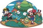  1boy 1girl :d aipom artist_request bag baseball_cap black_hair black_pants blue_eyes blue_sky brown_eyes brown_hair bush chikorita clouds cloudy_sky creature creatures_(company) cyndaquil day fangs flower game_freak gen_2_pokemon gold_(pokemon) happy hat hat_ribbon kotone_(pokemon) long_sleeves looking_at_viewer looking_away monkey musical_note nintendo official_art open_mouth outdoors overalls pants pokemon pokemon_(creature) pokemon_(game) pokemon_hgss ribbon sentret sky smile speech_bubble spoken_face spoken_musical_note totodile transparent_background tree twintails walking white_hat 