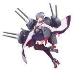  1girl bare_shoulders cannon full_body furutaka_(cruiser) grey_hair hair_bun hair_ornament hairclip high-waist_skirt high_heels machinery mecha_musume open_mouth original personification pleated_skirt red_eyes rudder_footwear simple_background skirt smokestack solo thigh-highs torpedo_launcher torpedo_tubes turret white_background wide_sleeves youxuemingdie 