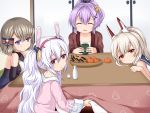  :d animal_ears ayanami_(azur_lane) azur_lane bangs bare_arms blue_dress blue_sailor_collar blush bow bowl closed_mouth commentary_request crown cup dress eyebrows_visible_through_hair food fruit hair_between_eyes hair_bow hair_ornament hair_ribbon hakama haori head_tilt headgear high_ponytail holding holding_cup indoors jacket japanese_clothes javelin_(azur_lane) kotatsu laffey_(azur_lane) light_brown_hair long_hair long_sleeves mandarin_orange mini_crown open_mouth parted_lips pink_jacket ponytail purple_ribbon rabbit_ears red_eyes red_hakama ribbon sailor_collar senbei shirt sleeveless sleeveless_dress sleeveless_shirt smile striped striped_bow table tilted_headwear u2_(5798239) white_shirt yunomi z23_(azur_lane) 