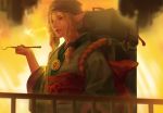  1boy absurdres backpack bag blonde_hair blurry blurry_background depth_of_field eyeshadow highres holding holding_pipe huge_filesize japanese_clothes kimono kusuriuri_(mononoke) long_hair long_sleeves makeup male_focus mononoke obi parted_lips pipe pointy_ears qidai railing sash smile smoke smoking solo upper_body violet_eyes 